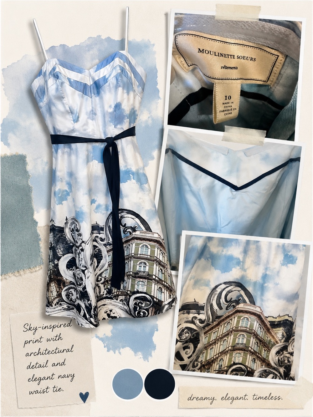 Moulinette Soeurs Sky-Print Spaghetti Strap Dress with Navy Waist Tie - Picture 2 of 3